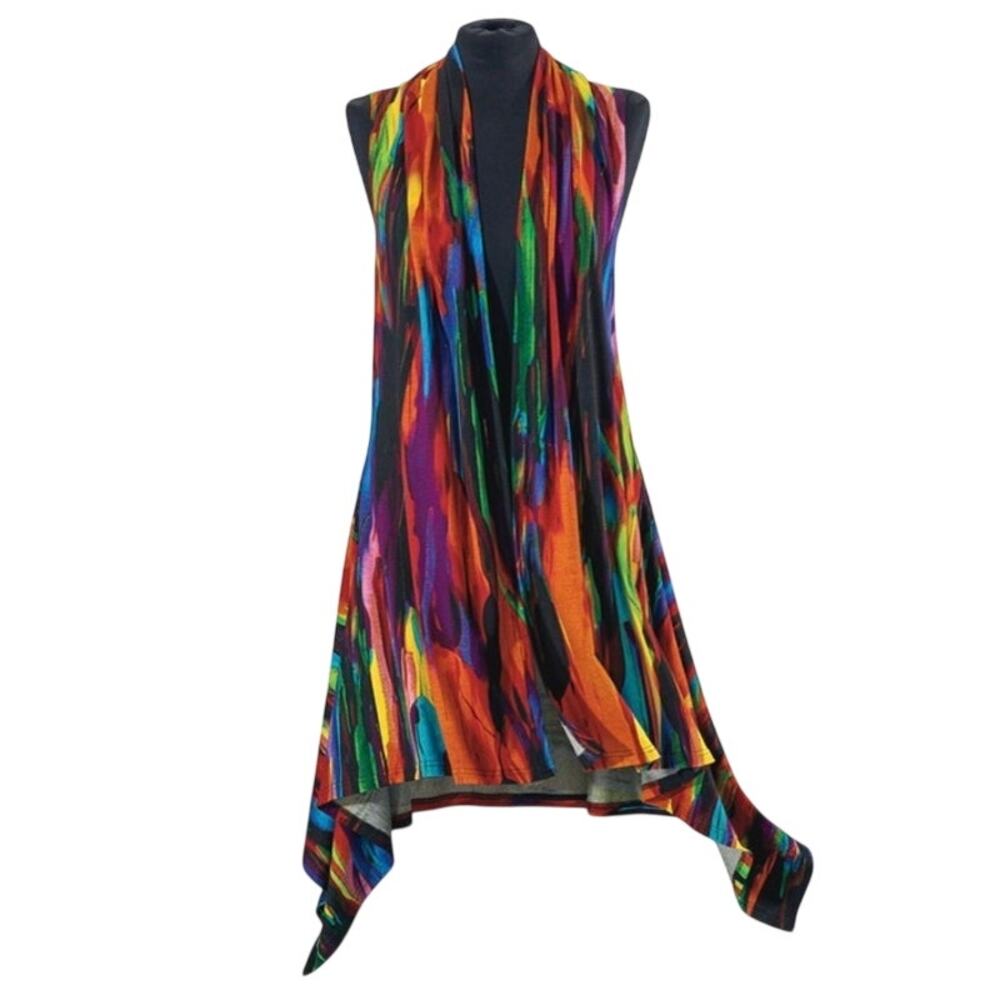 The Pyramid Collection Paintbrush Vest Open Front Waterfall Boho Artsy Abstract